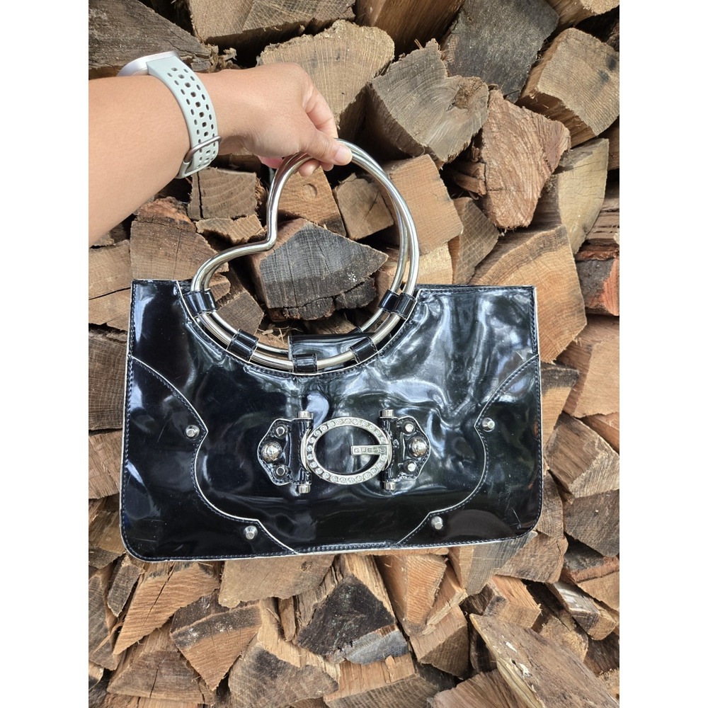 VTG Guess Signature Y2K Black Patent Leather Studded Shoulder Bag Heart Handles